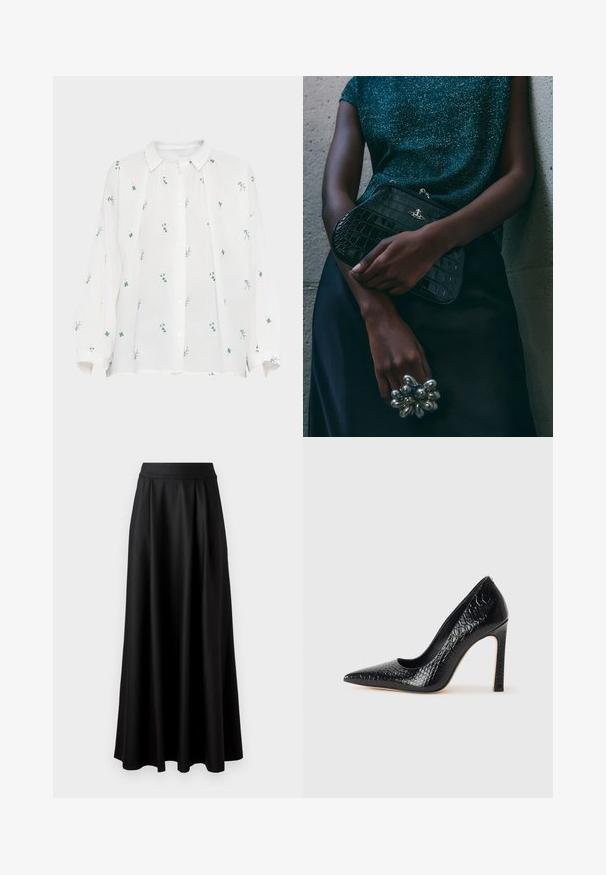 Vit linneskjorta med knapp-up framtill. Har grön och blå blommönsterbroderi, långa ärmar och spetsig krage. Avslappnad passform.; Svart kjol i golvlängd med slät textur, bred midja och plisserad design, utan synliga mönster eller dekorationer.; Svart spetsig högklackad sko med krokodilskinnsstruktur, som har en elegant design, hög stilettklack och en slät svart innersula.; Svart clutchväska med krokodilmönster och silver detaljer, hålls mot en texturerad grå bakgrund. Har en blank yta.
