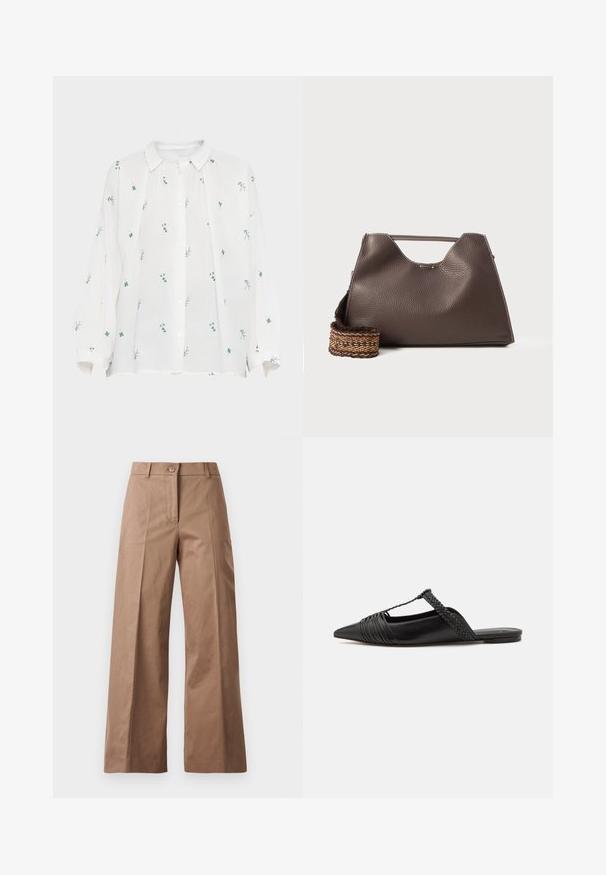Camisa de lino blanca con un botón en el frente. Presenta bordado floral en tonos verdes y azules, mangas largas y un collar en punta. Corte relajado.; Pantalones de pierna ancha marrones, confeccionados en una tela suave, con un cierre frontal de botón, dos bolsillos frontales y líneas limpias y ajustadas.; Zapato de piel negra tipo slingback con punta afilada, que presenta un detalle trenzado y un diseño superior plisado. Suela plana con hardware mínimo.; Bolso de mano de piel marrón con un acabado texturizado, diseño angular y un asa superior distintiva. Presenta un detalle de correa tejida con un patrón.