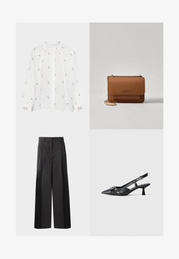 Chemise en lin blanc avec un devant à boutons. Présente des broderies florales vertes et bleues, des manches longues et un col pointu. Coupe décontractée.; Pantalon large noir avec une taille haute, doté de plis avant, d'une texture lisse et d'une finition ajustée. Conçu pour un ajustement décontracté.; Chaussure slingback en cuir noir avec un bout pointu, des sangles décoratives avec œillets en métal et un petit talon carré. Surface texturée.; Sac en cuir texturé marron en bandoulière avec une sangle en chaîne dorée et une fermeture à rabat. L'avant présente un détail de logo et une poche sous le rabat.