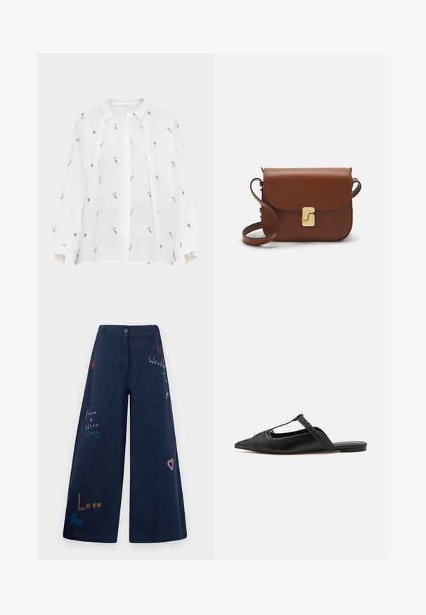 Bela lanena srajca z gumbom na sprednji strani. Ima zelene in modre cvetlične vezenine, dolge rokave in koničast ovratnik. Relaxed fit.; Temno modre široke hlače iz bombaža z več žepi. Imajo barvno vezeno besedilo in grafike, vključno s srčki in igrivimi frazami.; Črne usnjene sandale s priponko, koničastim nosom in tkano dekoracijo ter gubanjem na zgornjem delu. Ravna podplata z minimalno opremo.; Rjava usnjena torbica s poklopcem, zlato obarvani okovi, naramnica in gladka tekstura. Kompaktna pravokotna oblika.