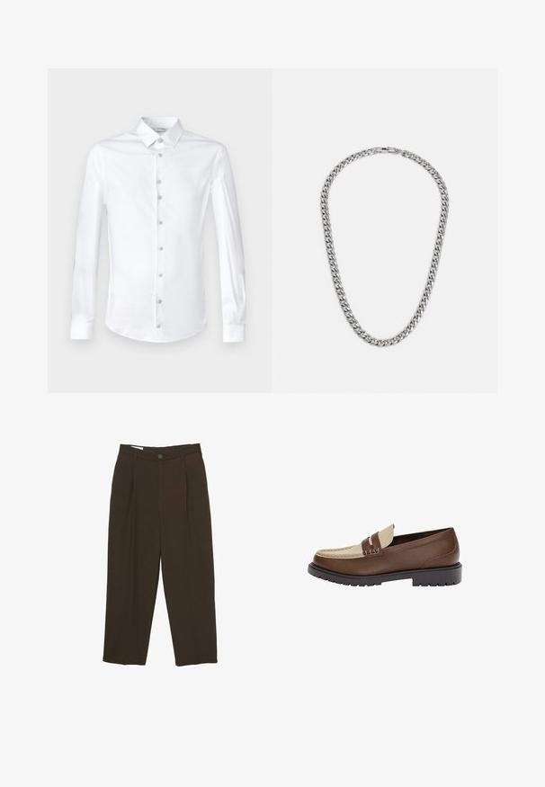 Fehér, hosszú ujjú ing sima pamutból, klasszikus gallérral és gombos elülső részel, az inggombok színben illeszkednek.; Sötétbarna, szabott nadrág elülső redőkkel, övhurkokkal és gombos záródással a deréknál.; Barna bőrloafer bézs bőr díszítéssel és varrott részletekkel. Alacsony, texturált fekete talppal és klasszikus dizájnnal rendelkezik.; Az ezüst lánc nyaklánc összekapcsolt karikákból áll, sima felülettel és kapcsos záródással. A kialakítása egyenletes és kissé vastag.