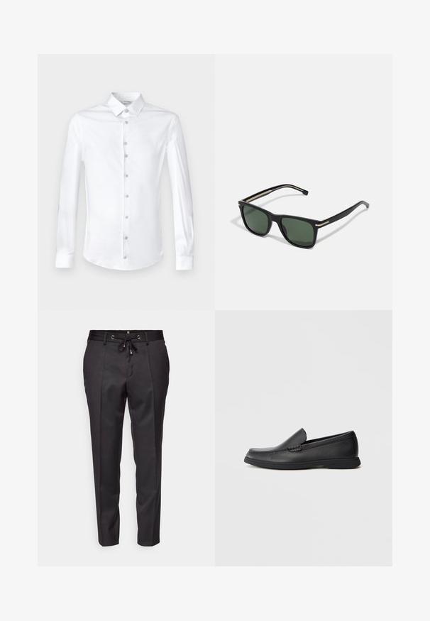 Bela majica z dolgimi rokavi, izdelana iz gladkega bombaža, z klasičnim ovratnikom in gumbnim zapenjanjem spredaj, s usklajenimi gumbi.; Črne krojene hlače z elastičnim pasom, pregibnim sprednjim delom in manšetami na dnu. Narejene iz gladkega materiala z oblikovanim krojem.; Črne usnjene natikače s teksturirano zgornjimi deli, zaobljenim prstom, nizkim petkam in gumijastim podplatom, prikazane v bočnem profilu na belem ozadju.; BOSS Sončna očala - black