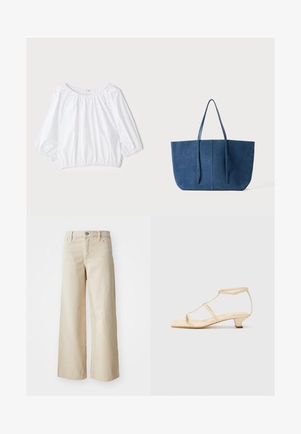 Blusa bianca leggera con scollatura rotonda, maniche a sbuffo a tre quarti e vita elasticizzata, caratterizzata da una trama liscia e lucida.; Jeans beige a gamba larga in denim, con vita alta, chiusura con bottone, passanti per cintura e tasche laterali. Tessuto morbido e vestibilità comoda.; Sandali con tacco color beige, design a T-strap, punta quadrata, cinturino alla caviglia regolabile e tacco basso a blocco. Materiale in pelle liscia.; Borsa tote blu in pelle scamosciata, con due manici lunghi, forma rettangolare, texture liscia, design minimalista, caratterizzata da un sottile logo sul davanti.