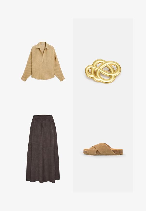 Jasnobrązowa koszula z długim rękawem, z kołnierzykiem, o strukturalnej tkaninie i zapinana na guziki, charakteryzująca się luźnym krojem i opadłymi ramionami.; Maxi spódnica w ciemnym brązie, wykonana z teksturowanej tkaniny z elastycznym pasem. Szeroka, swobodna sylwetka nie posiada widocznych wzorów ani akcentów.; Zamszowe sandały na płaskiej podeszwie w jasnobrązowym kolorze, z korkową podeszwą i teksturowaną gumową底, charakteryzujące się szerokim krojem i krzyżowymi paskami.; Brożka w odcieniu złotym z knotowym wzorem, posiadająca gładkie, zaokrąglone linie oraz misterny kształt, odzwierciedlająca wypolerowaną powierzchnię.