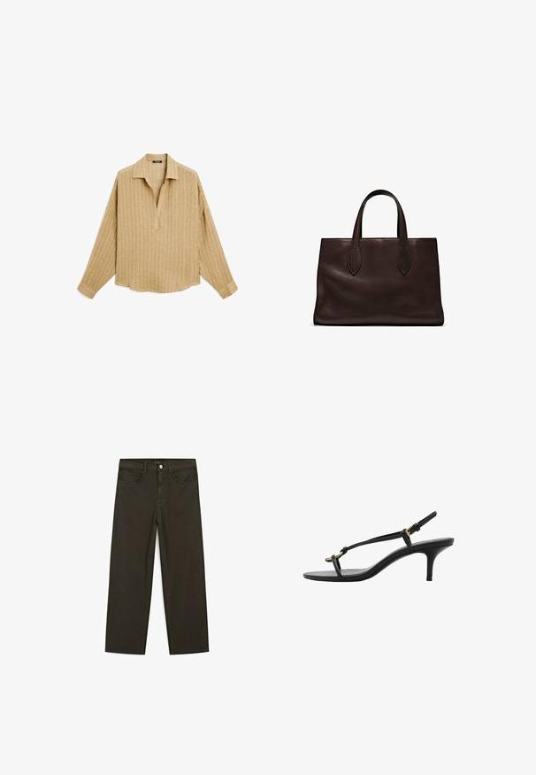 Lichtbruine, langmouwige shirt met een kraaghals, textuurstof en een knoopsluiting, met een ontspannen pasvorm en verlaagde schouders.; Donkergroene wijde jeans van een katoenmix, met een sluiting met een voorste knop, vijf zakken en klassieke denimstiksels.; Zwarte leren kitten heel sandaal met dunne banden, gouden gesp en minimalistische teenlus op een witte achtergrond.; Bruine leren tote bag met twee verlengde handvatten, gestructureerde rechthoekige vorm, gladde textuur en subtiele stiksels.