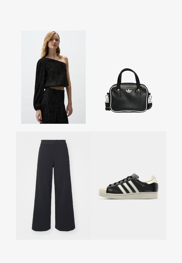 Schwarzes Crop-Top mit einem langen Ärmel, aus strukturiertem Stoff mit metallischen Fäden und lockerer Passform. Dazu ein passender schwarzer Rock.; Schwarze weite Sweatpants aus weichem Material, mit einem elastischen Taillenbund und einem kleinen Logo auf der linken Seite.; Schwarze Ledersneaker mit weißen Streifen, Gummikappe, schwarzen Schnürsenkeln und einer cremefarbenen Sohle. Glatte Textur mit glänzender Oberfläche.; Schwarze Lederhandtasche mit zwei kurzen Griffen, silbernem Zubehör, weißen Akzenten und einem weißen Logo. Verfügt über eine strukturierte Oberfläche und ein kompaktes Design.