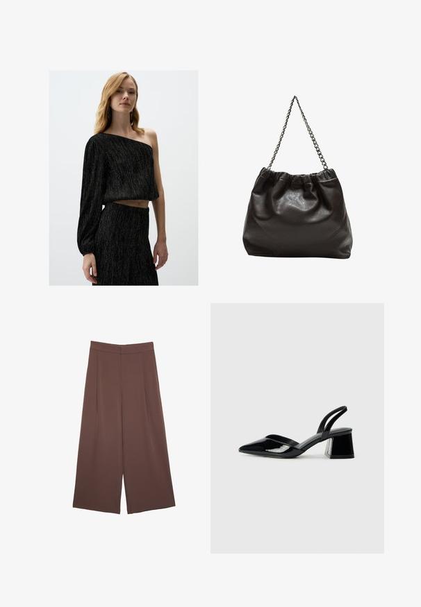 Schwarzes Crop-Top mit einem langen Ärmel, aus strukturiertem Stoff mit metallischen Fäden und lockerer Passform. Dazu ein passender schwarzer Rock.; Braune Weite-Leg-Hosen mit einer glatten Textur, hoher Taille und Vorderfalten. Der Stoff ist leicht und fällt locker.; Schwarze Lackleder-Slingback-High Heels mit spitzem Schuh und einem geometrischen Blockabsatz. Verfügt über ein schlankes, minimalistisches Design und eine glatte Textur.; Braune Lederhandtasche mit gerafftem Oberteil und Kettenriemen. Glatte Textur mit glänzendem Finish und subtilen Nahtdetails an den Seiten.