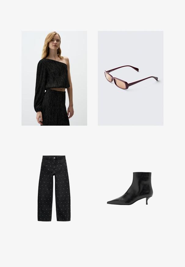 Schwarzes Crop-Top mit einem langen Ärmel, aus strukturiertem Stoff mit metallischen Fäden und lockerer Passform. Dazu ein passender schwarzer Rock.; Schwarze Jeans mit weitem Bein aus Denim, verziert mit einem Muster aus kleinen silbernen Ösen, klassischem Fünf-Taschen-Design und Knopfverschluss vorne.; Schwarze Lederstiefelette mit spitz zulaufender Zehenpartie, schlankem Kitten-Absatz und glatter Textur. Schlichtes Design, ohne dekorative Akzente.; Burgunderfarbene Sonnenbrille mit rechteckigem Rahmen, verlaufenden Gläsern und eleganten Bügeln. Das Material hat eine glatte, glänzende Oberfläche.