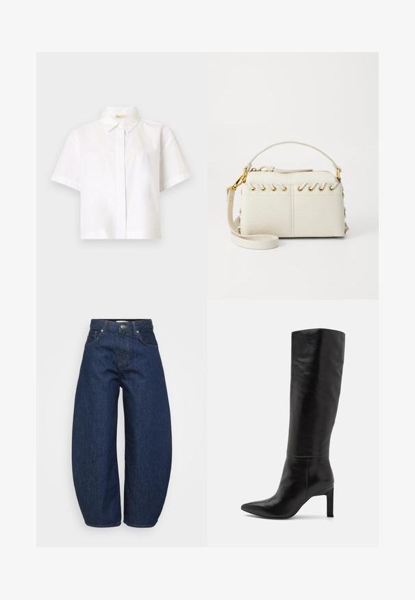 Vit kortärmad skjorta med knäppning i ett glatt, lätt tyg; har en klassisk krage och rak passform utan ytterligare mönster.; Högmidjade mörkblå denimjeans med vida ben, framknapp och dragkedjestängning samt klassisk femficksdesign.; Knä-höga svarta läderstilettstövlar med spetsig tå och slät yta. Klacken är i blockstil, vilket ger stabilitet åt designen.; Vitt fusk läderhandväska med dragkedja i toppen, ett kort handtag och ett avtagbart axelband med guldfärgade detaljer. Sidodetalj med snörning.; Silverörhänge med polerad yta, med små detaljer i guld och rund form, bärs på loben.