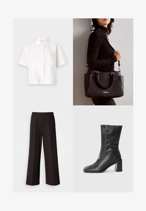 Bela kratka srajca s kratkimi rokavi iz gladkega, lahkega materiala; ima klasičen ovratnik in ravno kroj brez dodatnih vzorcev.; Črne široke hlače s ravnim sprednjim delom, pliseji in gladko teksturo tkanine. Imajo visok pas in skrbno krojen silhueto za strukturiran videz.; Črne usnjene gležnarske škornje s kvadratnim prstom, stranskim zadrgo in masivnim kvadratnim peto. Imajo kontrastno šivanje vzdolž sprednjega šiva.; Črna torbica z teksturirano površino, z dvema zgornjima ročajema in nastavljivim ramenskim pasom. Ima zlatovrateče dodatke in stranske žepe.