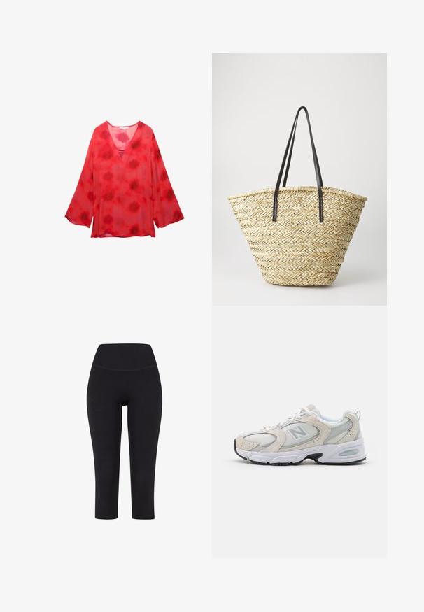 Red tie-dye blouse featuring a V-neckline, long bell sleeves, and a lightweight, sheer fabric with a textured pattern.; Black three-quarter length leggings made of stretchy fabric, featuring a high waistband and no visible patterns or hardware.; Athletic shoe featuring a light gray mesh upper with suede accents, white laces, and a black rubber sole. Notable ABZORB cushioning detail.; Woven straw tote bag with a wide, tapered shape, featuring two black leather handles. Natural beige color with a textured surface.; Silver-tone hoop earrings with a polished finish, rounded shape, smooth texture, and a secure clasp mechanism.