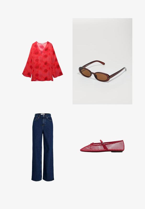 Blusa rossa tie-dye con scollatura a V, maniche lunghe a campana e un tessuto leggero, trasparente con un motivo testurizzato.; Jeans in denim scuro a vita alta, con gamba ampia, bottone frontale e design a cinque tasche.; Ballerine in rete rossa con punta affusolata, dotate di una sottile cinghia e dettaglio a fibbia. La parte superiore presenta un motivo aperto a nido d'ape.; Occhiali da sole rotondi con tonalità marrone, montatura lucida color bordeaux. Aste sottili con un sottile dettaglio del marchio. Design delle lenti piatte.