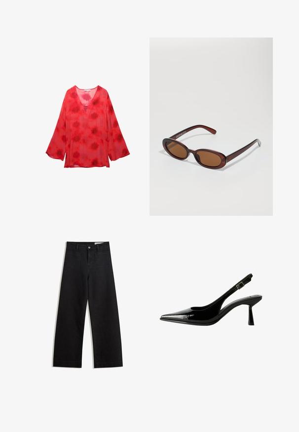 Rote Batikbluse mit V-Ausschnitt, langen Glockenärmeln und einem leichten, durchsichtigen Stoff mit einem strukturierten Muster.; Schwarze weit geschnittene Jeans mit hoher Taille, ausgestattet mit Vorder- und Hintertaschen, gesteppten Nähten und einem Knopfverschluss. Glatte Textur.; Schwarze Lackleder Slingback-Pumps mit spitzem Zeh, ausgeschnittenen Seiten, verstellbarem Knöchelriemen und einem dünnen, eleganten Absatz.; Runde, braun getönte Sonnenbrillen mit einem glänzenden burgunderfarbenen Rahmen. Schlanke Bügel mit dezentem Branding. Flaches Linsendesign.; Michael Kors Clutch in beige beschichtetem Canvas mit einem wiederholten MK-Logo-Muster, goldfarbener hardware und einem abnehmbaren Kettenriemen.