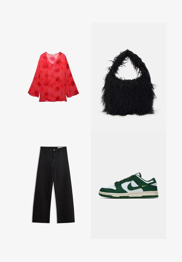 Red tie-dye blouse featuring a V-neckline, long bell sleeves, and a lightweight, sheer fabric with a textured pattern.; Black wide-leg denim pants with a high waist, featuring front and back pockets, stitched seams, and a button closure. Smooth texture.; Low-top Nike sneaker in white and dark green suede with matching green swoosh and small yellow swoosh accent on side.; Even&Odd Tote bag - black