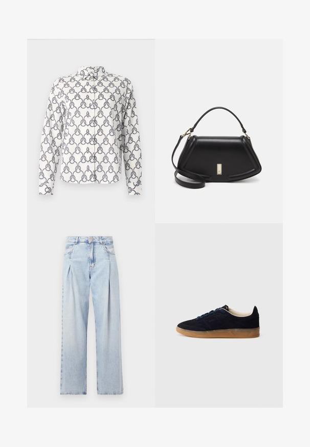 White button-up shirt with navy rope knot pattern, long sleeves, and a collar. Made from a lightweight fabric with a soft texture.; Light blue denim jeans with a high waist, wide-leg cut, two side pockets, and pleated design feature. Soft texture with a faded finish.; Navy suede sneaker with a gum rubber sole, blue laces, and minimalist design. Features embossed logo on the side and smooth inner lining.; Black leather handbag with a structured design, featuring a cropped shape, top handle, and gold hardware accent. Adjustable shoulder strap included.