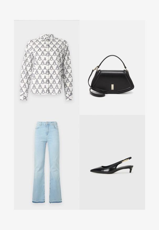Λευκό πουκάμισο με κουμπιά, με ναυτικές κόμπους από σχοινί, μακριά μανίκια και γιακά. Κατασκευασμένο από ελαφρύ ύφασμα με απαλή υφή.; Απαλά μπλε τζιν από τζιν ύφασμα σε φαρδιά γραμμή, με ψηλή μέση, μπροστινές τσέπες και ανάγλυφο τελείωμα στους καρπούς για μια χαλαρή εμφάνιση.; Μαύρες δερμάτινες γόβες slingback με μυτερή μύτη, διαθέτοντας λεπτό τακούνι και χρυσή λεπτομέρεια στην ρυθμιζόμενη λωρίδα. Λείος υφές.; Μαύρη δερμάτινη τσάντα με δομημένο σχέδιο, που διαθέτει κομμένο σχήμα, επάνω λαβή και χρυσά μεταλλικά στοιχεία. Περιλαμβάνει ρυθμιζόμενο λουρί ώμου.