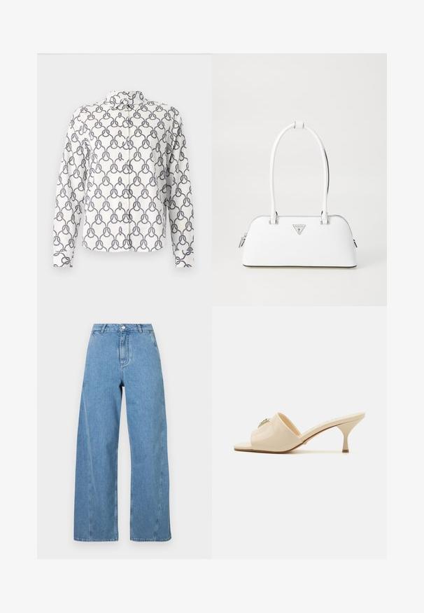 Biała koszula zapinana na guziki z granatowym wzorem w węzły ze sznura, z długimi rękawami i kołnierzykiem. Wykonana z lekkiego materiału o miękkiej teksturze.; Jasnoniebieskie szerokie dżinsy z denimu, z wysokim stanem, prostym krojem i kontrastowym przeszyciem wzdłuż szwów.; Beżowe, lakierowane sandały mule z odkrytymi palcami i niskim, stiletto obcasem. Posiadają centralny dekoracyjny akcent na cholewce. Gładkie, błyszczące wykończenie.; Biała skórzana torebka o zaokrąglonym kształcie, z srebrnym trójkątnym logo i zamkiem błyskawicznym. Gładka faktura i podwójne uchwyty.