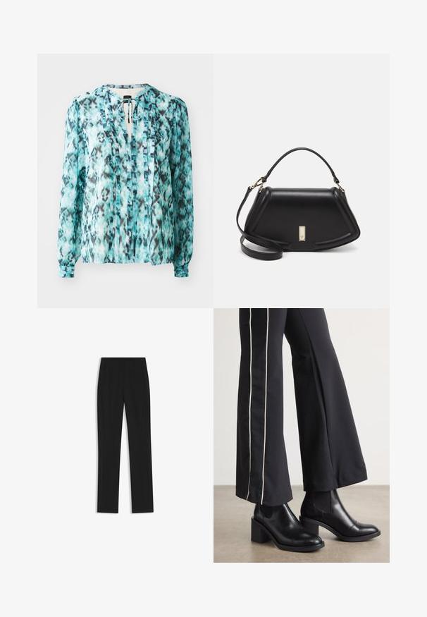 Leichte Bluse in Türkis mit einem schwarz-weißen abstrakten Muster. Sie verfügt über eine Halsbinde, lange Ärmel und vertikale Falten.; Schwarze maßgeschneiderte Hose mit geradem Bein, ausgestattet mit Fronttaschen und einem glatten, strukturierten Stoff. Saubere, minimale Details.; Schwarze Lederstiefeletten mit einem Blockabsatz, ausgestattet mit elastischen seitlichen Einsätzen. Kombiniert mit schwarzen Hosen, die einen weißen Seitenstreifen haben.; Schwarze Lederhandtasche mit einem strukturierten Design, das eine verkürzte Form, einen oberen Griff und goldfarbene Hardware-Details aufweist. Verstellbarer Schulterriemen ist enthalten.