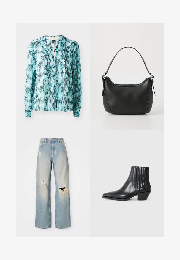Leichte Bluse in Türkis mit einem schwarz-weißen abstrakten Muster. Sie verfügt über eine Halsbinde, lange Ärmel und vertikale Falten.; Hellblaue, gerade geschnittene Jeans mit hoher Taille, Gürtelschlaufen und ausgefransten Rissen am linken Oberschenkel, rechten Knie und unteren linken Bein.; Schwarze Leder-Ankle-Boots mit spitzem Zehenbereich, seitlichen elastischen Einsätzen mit vertikalen Rillen und einem niedrigen Blockabsatz. Glatte Textur und elegantes Design.; Schwarze Ledertasche mit geschwungener Form, silbernem Reißverschluss und kurzem Griff. Verfügt über ein dezentes Logo auf der Vorderseite und eine glatte Textur.