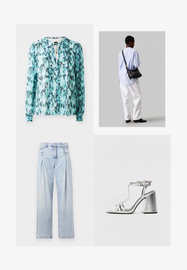 Könnyű blúz türkiz színben, fekete és fehér absztrakt mintával. Nyakpánttal, hosszú ujjakkal és függőleges pliszékkel rendelkezik.; Világoskék farmernadrág magas derekú, bő szabású, két oldalsó zsebbel és pliszírozott dizájnnal. Puha tapintású, elhalványított felület.; Ezüst sarokkal ellátott szandál, tömzsi sarkú, vékony pántokkal és boka csattal. Az anyag fémes fényű, texturált megjelenésű.; Fekete bőr válltáska puha tapintással, háromszög alakú, állítható pánttal, világoskék csíkos inggel és fehér nadrággal párosítva.