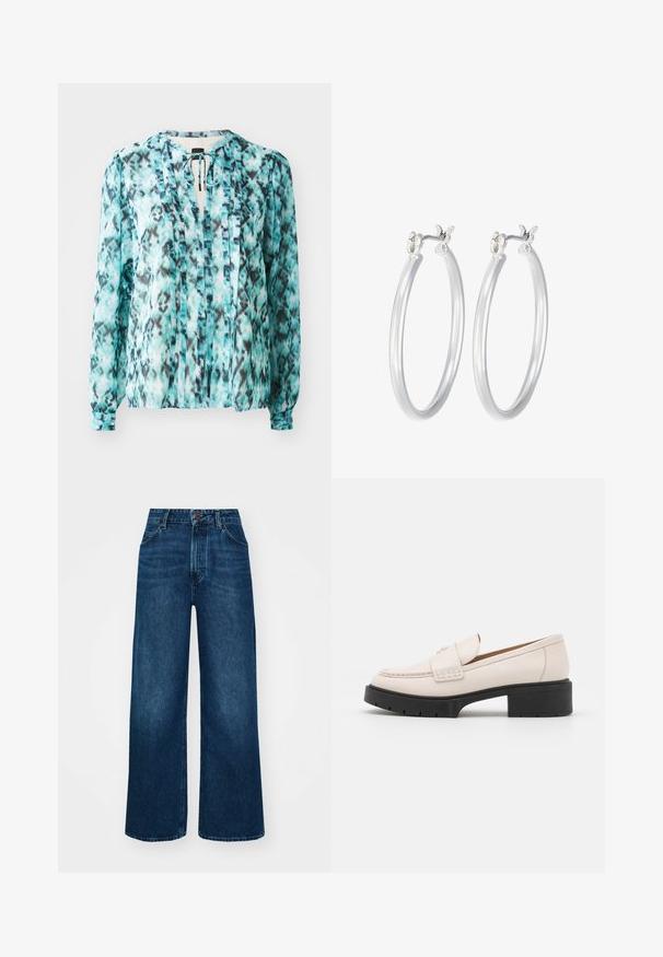 Let bluse i turkis med sort og hvid abstrakt mønster. Har en halsbind, lange ærmer og lodrette plisseringer.; Højtaljede, brede jeans i mørkeblå denim med en glat tekstur, kontrastsyninger og design med fem lommer. Lukning foran med knap.; Lys beige læder loafers med en syet front og en tekstureret sort platformhæl. Har et buet design og en let hævning.; Sølv hoop øreringe med en glat, poleret overflade. Rund form og sikker klik-lukning. Letvægtsdesign, der er velegnet til hverdagsbrug.