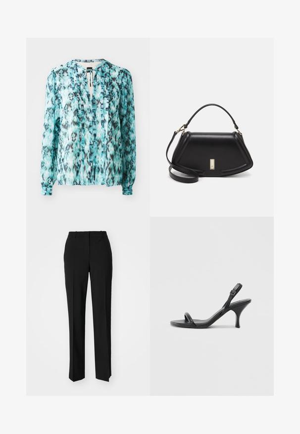 Lichte blouse in turquoise met een zwart-wit abstract patroon. Bevat een halsband, lange mouwen en verticale plooien.; Zwarte op maat gemaakte broek met een recht model, voorzien van een soepele textuur en scherpe plooien aan de voorkant. Geen zichtbare hardware.; Zwarte leren sandalen met hoge hakken, een slanke, gebogen hak en een gekruist bandontwerp. Verstelbare enkelband. Soepele textuur.; Zwarte leren handtas met een gestructureerd ontwerp, featuring een verkorte vorm, bovenhandvat en gouden hardwareaccent. Inclusief verstelbare schouderband.