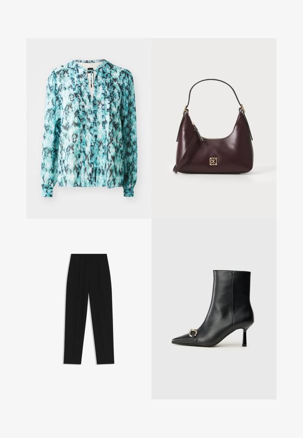 Keve silkki-paita turkoosina mustavalkoisella abstraktilla kuviolla. Varustettu kauluksen siteellä, pitkillä hihoilla ja pystyuuroilla.; Mustat housut suoran istuvuuden kanssa, joissa on kaksinkertaiset laskokset, sileä pinta ja klassinen vyötärönauhan muotoilu. Ei näkyviä metalliosia tai koristeita.; Musta nahkasaapas nilkkapituisilla, terävillä kärjillä, hoikalla keskipituisella korolla ja hopeavöillä sivussa yksinkertaista taustaa vasten.; Burgundy nahkakäsilaukku, jossa on kaareva muoto, kultaiset yksityiskohdat metalliosissa ja vetoketjukuclosure. Varustettu irrotettavalla olkahihnalla.