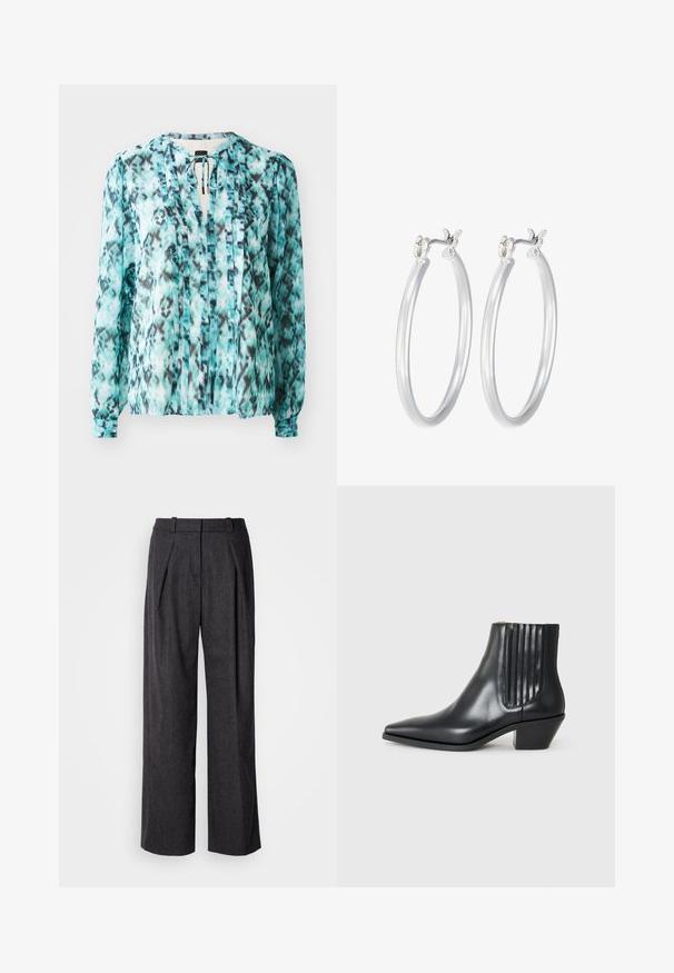 Let bluse i turkis med sort og hvid abstrakt mønster. Har en halsbind, lange ærmer og lodrette plisseringer.; Mørkegrå brede benbukser i et struktureret stof, med frontfolder og et klassisk livdesign. Ingen synlige lommer.; Sorte læder ankelstøvle med spids tå, elastiske sidepaneler med lodrette riller og en lav blokhæl. Glat tekstur og slankt design.; Sølv hoop øreringe med en glat, poleret overflade. Rund form og sikker klik-lukning. Letvægtsdesign, der er velegnet til hverdagsbrug.