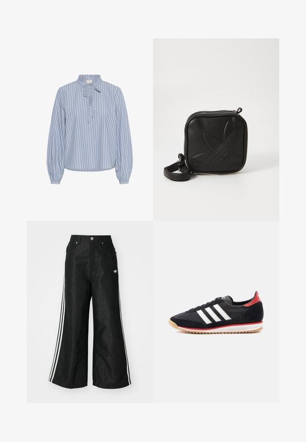 Kaffe MILINA - Blouse - windward blue melange stripe; Zwarte denim broek met wijde pijpen, voorzien van drie witte strepen aan elke zijkant en een klein wit logo. Heeft voorzakken en een knoopsluiting.; Zwarte sportschoen met witte strepen, suède accenten en een rood hielstuk. Mesh textuur en rubberen zool met een lichtbruine profiel.; Zwarte vierkante crossbody tas van gestructureerd synthetisch materiaal. Met een reliëflogo ontwerp en een verstelbare schouderband. Ritssluiting.