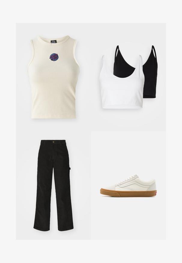 Κρέμα ριμπ καμισόλα με στρογγυλή λαιμόκοψη και χωρίς μανίκια, με κεντημένο λογότυπο "Santa Cruz" σε ροζ και μπλε μπροστά.; Δύο βαμβακερά τοπ σε λευκό και μαύρο χρώμα. Το καθένα διαθέτει βαθύ ντεκολτέ και λεπτές ραμμένες τιράντες, προσφέροντας μια ομαλή και απαλή υφή.; Μαύρο παντελόνι κοτλέ με ίσια γραμμή, διαθέτει κλείσιμο με κουμπί και πλαϊνές τσέπες. Απαλή υφή με λεπτές κατακόρυφες ρίγες.; Λευκά καμβά χαμηλά sneakers με καουτσούκ σόλα, στρογγυλή μύτη, κλείσιμο με κορδόνια και πλευρική λεπτομέρεια από δέρμα.