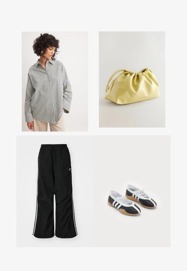 Striped button-up shirt in green and white. Soft fabric, relaxed fit, long sleeves with folded cuffs, and a pointed collar.; Black windbreaker pants with an elastic waistband, drawstring, white side stripes, loose fit, featuring a small logo on the left side.; Black and white athletic shoes with a sleek design, rubber sole, lace-up closure, and three white stripes on the sides.; Next Clutch - yellow
