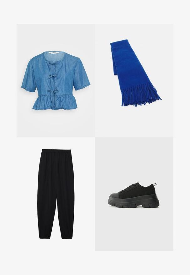 T-shirt de denim de manga curta, azul claro, com um acabamento peplum. Apresenta um decote redondo e três laços decorativos na frente. Textura suave.; Calças pretas, leves, com um cinto elástico e punhos franzidos. O tecido é suave e apresenta um design relaxado e afunilado.; Sneakers pretos com sola de borracha robusta, parte superior de tecido texturizado, bico redondo e design de atacadores. Apresenta ilhós reforçados e uma alça na parte posterior.; Cachecol azul tecido com extremidades franjas, textura suave, forma retangular e cor uniforme em todo o comprimento. Adequado para clima frio.