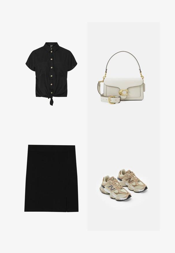 Juodas trumpas rankovėmis marškinėliai su sagų užsegimu priekyje, dviem krūtinės kišenėmis ir surišta apatine dalimi, pagaminti iš lengvos medžiagos. Auksinės sagutės puošia dizainą.; Juoda mini sijonas, pagamintas iš švelnios medžiagos, su prigludusia forma, su lengva plyšyje šone tam, kad suteiktų papildomą akcentą.; Šviesiai rudos sportbačiai, pagaminti iš tinklinės ir zomšos medžiagų. Ypač išryškintas juodas logotipas ir tekstūruoti akcentai. Storas baltas tarpkalnis ir juodas gumos padas.; Balta odinė rankinė su auksinėmis detalėmis, užsegama atvartinė dalimi ir nuimamu, reguliuojamu dirželiu. Centre – apvalus metalinis akcentas.