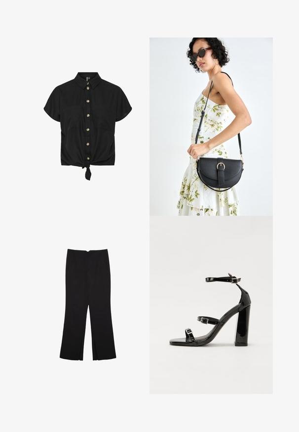 Czarna koszula z krótkim rękawem z zapięciem na guziki, z dwoma kieszeniami na piersi i związanym dołem, wykonana z lekkiego materiału. Złote guziki podkreślają wzór.; Czarne spodnie o prostym kroju, z przednimi kieszeniami i bocznymi rozcięciami na dole. Wykonane z miękkiego, gładkiego materiału. Odpowiednie na różne okazje.; Czarne lakierowane sandały na wysokim obcasie, z dwoma paskami zapinanymi na klamry, kwadratowy nosek i masywny obcas typu słupek, o gładkiej, błyszczącej fakturze.; Czarna skórzana torebka o zakrzywionym kształcie, z odpinanym paskiem i złotymi akcentami. Torebka posiada klapę z zapięciem w kształcie klamry.