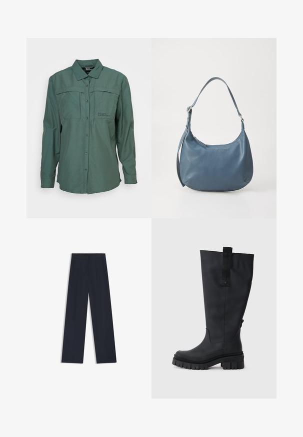 Long-sleeve button-up shirt in dark green, made of lightweight fabric. Features two chest pockets and a collar, with logo on the left side.; Navy wide-leg trousers featuring an elastic waistband, two side pockets, and a smooth, woven texture. No visible patterns or hardware details.; Black knee-high rubber boots with a chunky sole, textured grip, and a fabric pull tab at the top for easy wear. Smooth, matte finish.; Blue leather handbag with a rounded shape, single shoulder strap, zip closure, and embossed brand name on the front. Smooth texture.