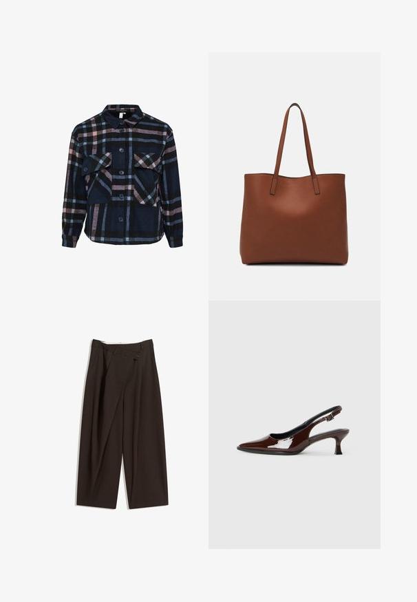 Gekleed flanellen overhemd in marineblauw, roze en zwart. Heeft een kraag, twee borstzakken en knoopsluitingen. Zachte textuur en lange mouwen.; Donkere bruin wijde broek met een hoge taille, voorzien van een enkele knoopsluiting en een geplooide voorkant. Gemaakt van lichtgewicht stof.; Bruine gepatineerde leren slingback-schoen met een spitse neus en een gematigd hakje. Voorzien van een gespsluiting voor een veilige pasvorm. Glad van textuur.; Bruine leren tote bag met een gladde textuur, een ontwerp met een open bovenkant en twee schouderbanden. Kenmerkt zich door minimale stiksels en geen zichtbare hardware.