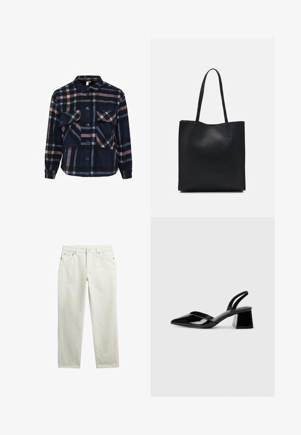 Checkered flannel shirt in navy, pink, and black. Features a collar, two chest pockets, and button closures. Soft texture and long sleeves.; White denim jeans with a straight leg design, five pockets, and silver-tone hardware. Smooth texture with minimal stitching detail.; Black patent leather slingback heels with a pointed toe and a geometric block heel. Features a sleek, minimal design and smooth texture.; Black leather tote bag with smooth texture, rectangular shape, and two long handles. No visible hardware or embellishments.