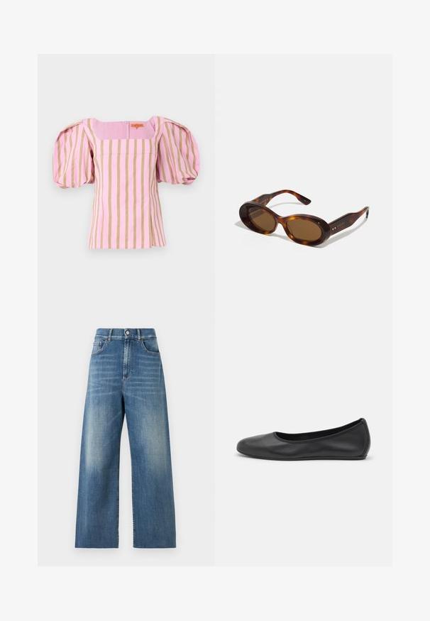 Stine Goya SOFT WEAVE BLOUSON SLEEVE - Bluse - wallpaper; Høy midje, vide jeans laget av blå denim med en falmet finish. Funktioner inkluderer frontlommer og en enkelt knappelukking.; Svart skinnballettflatt med rund tå, glatt tekstur, minimal sømdetalj, og et fleksibelt såledesign.; Skilpaddeskall solbriller med ovale linser, brun nyanse og gullakenter på armene. Tykk ramme med blank finish og jevn tekstur.