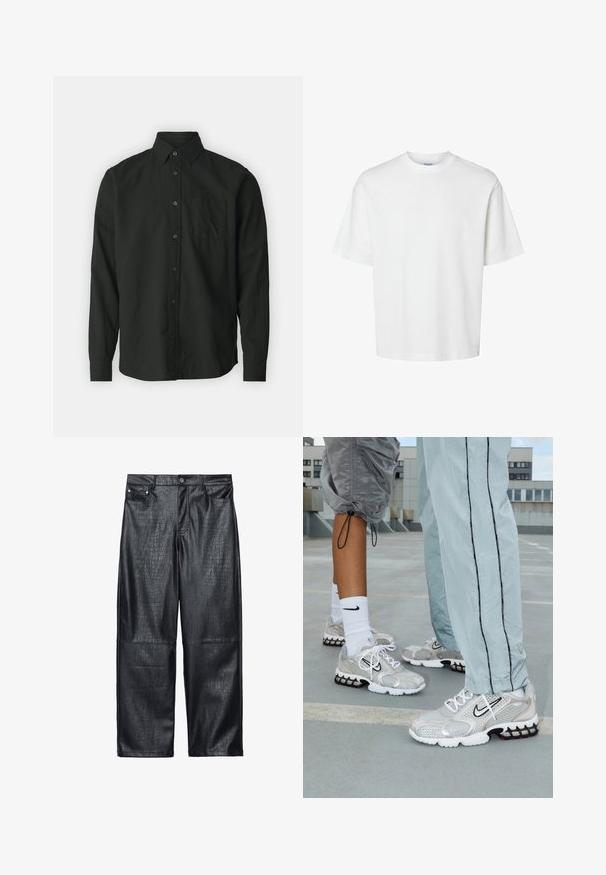 GAP STANDARD - Skjorter - true black; Hvid bomulds T-shirt med korte ærmer, rund halsudskæring og en afslappet pasform. Glat tekstur uden synlige mønstre eller detaljer.; Sorte faux læder bukser med bred ben, der har en krokodilletekstil, traditionel fem-lomme design samt detaljer i sølvfarvet knap og nitter.; Nike sportssko i sølvfarvet meshmateriale med hvide snørebånd, et sort swoosh-logo og en sort og rød luftdæmpningssål.