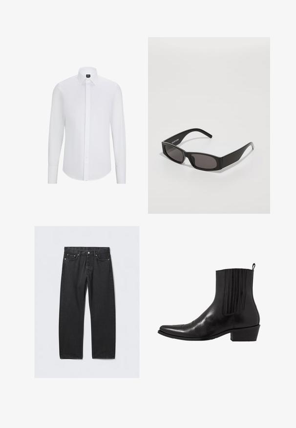 Fehér, hosszú ujjú, gombos ing hegyes gallérral, sima anyagból készült, elülső gombolással és lekerekített hemrésszel.; Fekete farmernadrág egy egyenes szabással, gombos záródással, öt zsebből és rézszínű fém kiegészítőkből áll. Sima tapintású.; Fekete bőr ankle boot, hegyes orral, rugalmas oldalpanellel, függőleges varrásokkal és alacsony blokk sarokkal.; Fekete téglalap alakú napszemüveg sötét lencsékkel, sima műanyag kerettel és egy diszkrét logóval a bal karon. Minimalista dizájn.