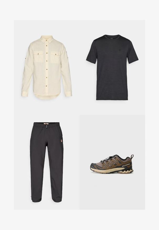 Ljusbeige långärmad skjorta i ett mjukt tyg, med två framfickor och knappar i guldton. Rundad nederkant.; Svart kortärmad t-shirt gjord av mjuk, lättviktsmaterial. Har en rund halsringning och en broderad logotyp på bröstet.; Svarta utomhusbyxor med elastisk midja och en liten logotyp på högra låret, uppvisade mot en vit bakgrund.; Brunsvarta träningsskor med överdel i mesh, gummitåhuvud och mönstrad sula. Utrustad med ett snabblåsningssystem och vadderad krage.