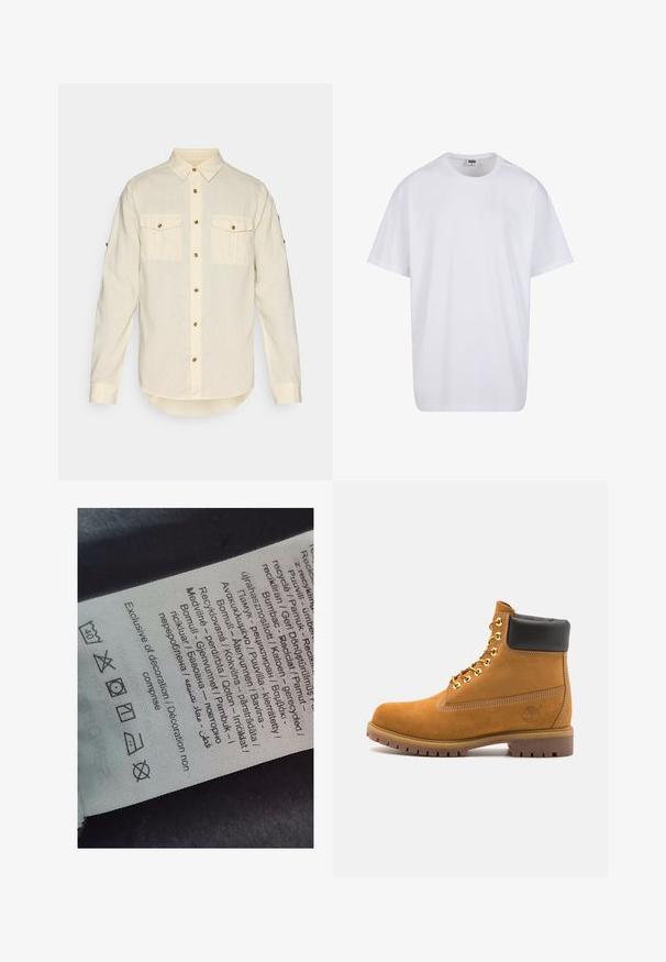Svetlo bež srajca z dolgimi rokavi iz blaga s mehko teksturo, ki ima dva sprednja žepa in zlate gumbe. Oblika zaobljenega roba.; Bela bombažna majica s kratkimi rokavi, okroglim izrezom, sproščenim krojem in brez vidnih logotipov ali vzorcev. Gladka tekstura in minimalen dizajn.; Oznaka s večjezičnim besedilom, simboli za nego in ikonami za recikliranje, tiskana na mehkem tkaninskem materialu svetle barve.; Svetlo rjave anklne čizme iz semiša z črnim oblazinjenim ovratnikom, zlatimi kovinskimi očesci, belimi šivi in robustnim gumijastim podplatom s izrazitimi tredi.