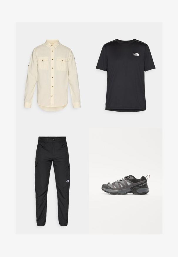 Svetlo bež srajca z dolgimi rokavi iz blaga s mehko teksturo, ki ima dva sprednja žepa in zlate gumbe. Oblika zaobljenega roba.; Črna kratkosleevena majica iz lahkotnega materiala. Ima majhen bel logo na levem prsnem delu in diskretne poudarke na ramenskem predelu.; The North Face HORIZON PANT - Hlače za na prostem - black; Športni čevelj z aerodinamičnim dizajnom, siva sintetična zgornji del z mrežastimi ploščami, črne akcenti in gumijast podplat z izrazito oprijemljivostjo.
