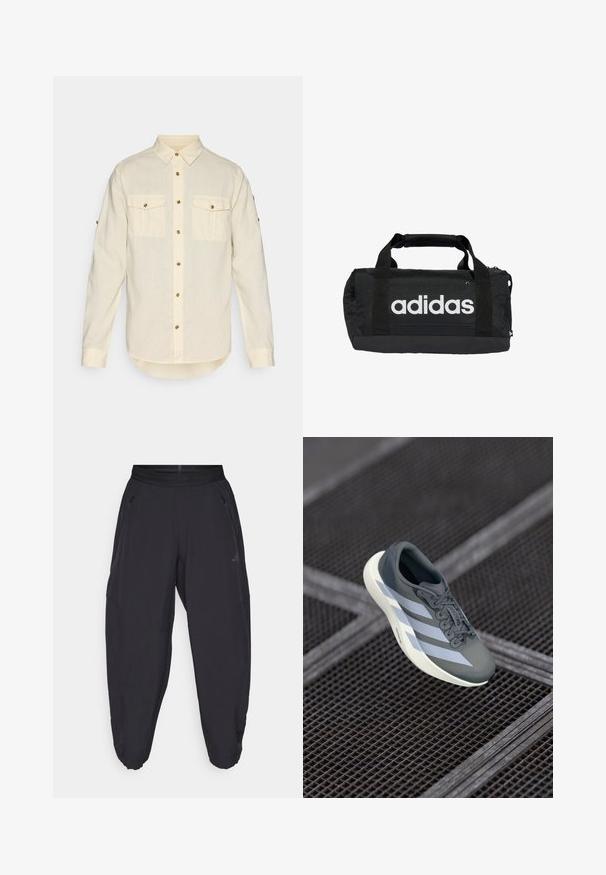 Light beige long-sleeve shirt made of fabric with a soft texture, featuring two front pockets and gold-tone buttons. Rounded hem design.; Black athletic pants with elastic waistband, zippered side pockets, tapered legs, and subtle logo on the right thigh.; Sport shoe in gray and white, made of synthetic material, with a streamlined design, textured finish, and prominent lacing system.; Black duffel bag with white Adidas logo, made of durable fabric. Features two handles and zip closure. Textured finish with reinforced base.