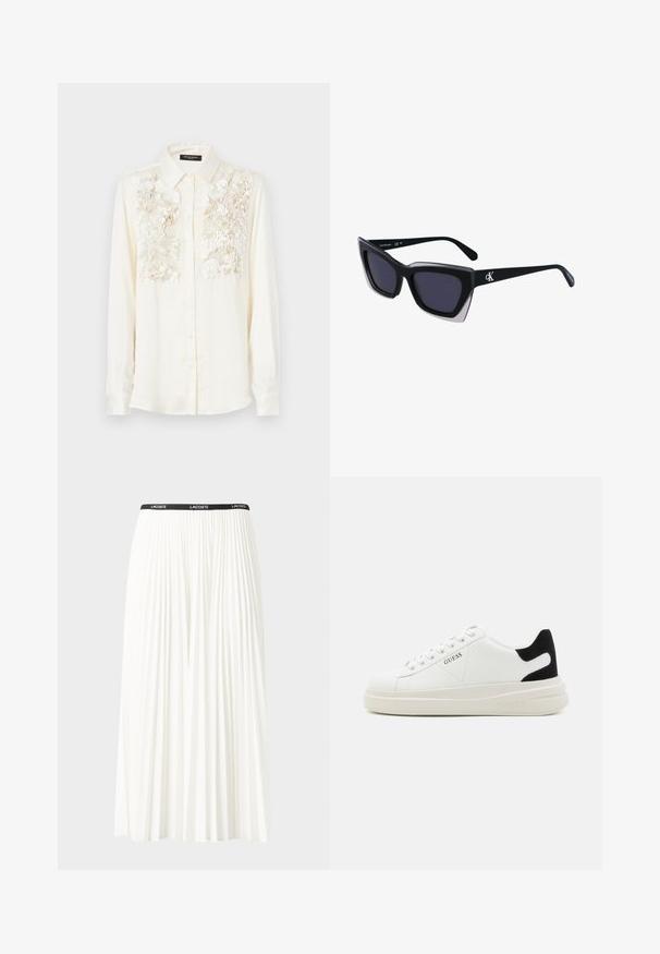 Krämfarvet skjorte med tekstureret blomsterbroderi over brystet, klassisk krave og knaplukning foran. Lange ærmer.; Plisseret hvid nederdel med en sort elastisk talje, der har "LACOSTE"-logoet. Mellemlang design med blød tekstur.; Hvide lædersneakers med en tyk hvid sål, sort ruskindhælvægt og prægede logoer på siden. Snørebåndsdesign med seks øjer.; Store sorte oversized solbriller med geometrisk form, med mørke linser og en kontrasterende grå detalje på stellet. Logo på armen.