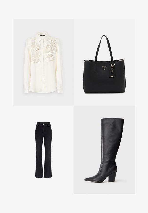 Krema barve srajca z teksturirano cvetlično vezenino po prsih, s klasičnim ovratnikom in sprednjim gumbom. Dolgi rokavi.; Črne flared jeans iz denima z visokim pasom, petimi žepi in kovinskimi gumbi na straneh. Gladka tekstura in klasičen kroj.; Črne usnjene škornje do kolen s koničastim nosom in debelim visokim peto, prikazane v levem bočnem profilu na beli podlagi.; Črna torba iz teksturiranega sintetičnega materiala, opremljena z dvema ročajoma, z zlatim logotipom in majhno oznako z detajlom v kontrastni barvi.