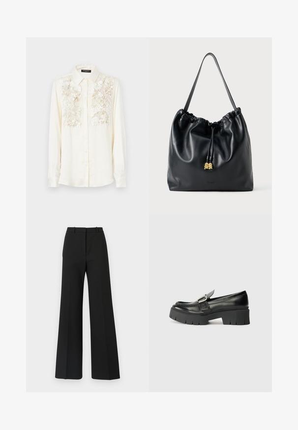 Cream-colored shirt featuring textured floral embroidery across the chest, with a classic collar and button-down front. Long sleeves.; Black wide-leg trousers with a tailored design, featuring a smooth texture and subtle pleats at the front. No visible hardware or patterns.; Black leather loafers with a chunky rubber sole. Features a buckle accent and stitched detailing along the upper. Flat heel.; Black leather drawstring bag with a smooth texture, gathered top, and subtle gold hardware. Features a single sturdy strap and embossed logo.