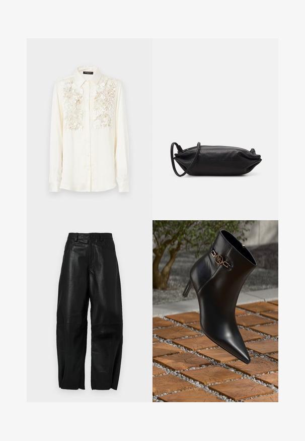 Krämfarvet skjorte med tekstureret blomsterbroderi over brystet, klassisk krave og knaplukning foran. Lange ærmer.; Sorte læderbukser med en løs pasform, der har en lige ben-design, forlommer og synlige syningsdetaljer.; Sort læder ankelstøvle med spids tå og lille hæl. Har en gylden kædeaccent om anklen. Omgivet af en tekstureret stensurface.; Sort læder clutch taske med rektangulær form, glat tekstur, tynd skulderrem og minimalistisk design.
