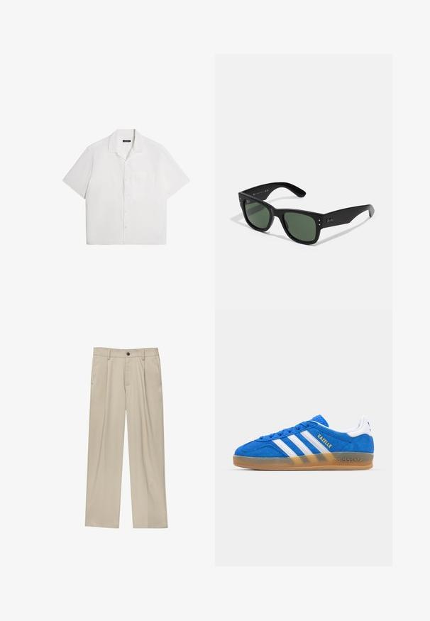Rövid ujjú fehér ing, puha textúrával, gombos elülső rész, széles gallér, egyetlen mellzseb, laza, dobozszerű kialakítással. Mintázat nélküli, sima.; Fehér pamut ujjatlan felső kerek nyakkivágással, széles vállpántokkal és egyenes szegéllyel, sima textúrával, látható minták nélkül.; Beige egyenes szárú nadrág, egy fekete gombbal, övhurkokkal és oldalzsebekkel. Sima szövettextúra és minimális design.; Kék velúrbőr sneaker fehér csíkokkal és "Gazelle" felirattal. Gumi talppal és textúrázott díszítéssel a felső részen. Klasszikus dizájn.; Fekete téglalap alakú napszemüveg zöld lencsékkel, matt felülettel, diszkrét fém részletekkel és dombornyomott logóval a halántékon.; Három bandana: egy sárga fekete mintákkal, egy fehér fekete grafikával, és egy fekete fehér grafikával. Mind három négyzet alakú, könnyű anyagból készült.