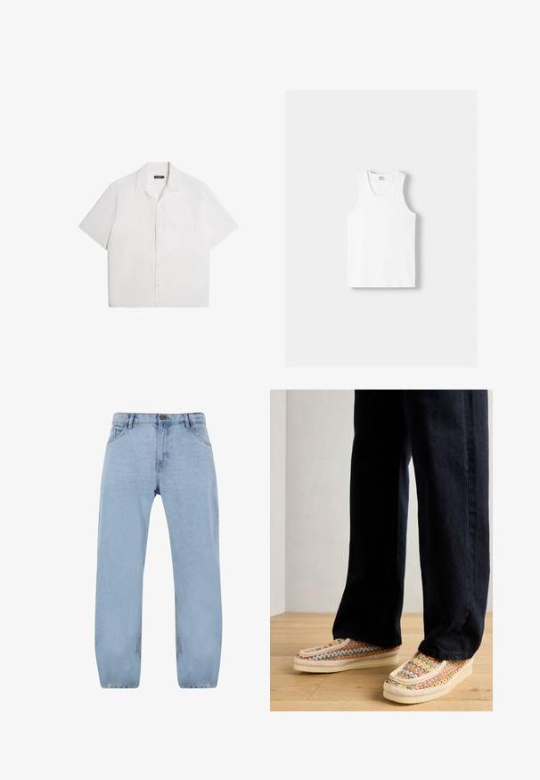 Korte mouwen witte shirt, zachte textuur, knoopsluiting aan de voorkant, brede kraag, enkele borstzak, casual boxy ontwerp. Effen zonder patronen.; Witte katoenen tanktop met een ronde halslijn, brede schouderbanden en een rechte zoom, met een gladde textuur en zonder zichtbare patronen.; Lichtblauwe denim jeans met een recht model, voorzien van vier zakken, een ritssluiting en gouden stiksels.; Multikleurige geweven instappers met een crèmekleurige zool, verfraaid met een gestructureerde band en contrasterende stiksels, gecombineerd met donkere broek.